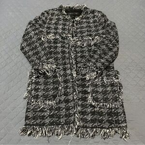 Zara Women's Tweed Black White Jacket Blazer S Houndstooth Fringe Cardigan Coat